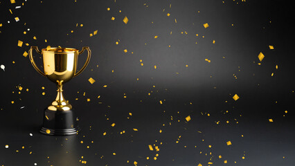 Golden trophy cup with falling gold confetti animation on a dark background. Concept of victory, success, and achievement. Celebration background with award and copy space for text. Realistic render.