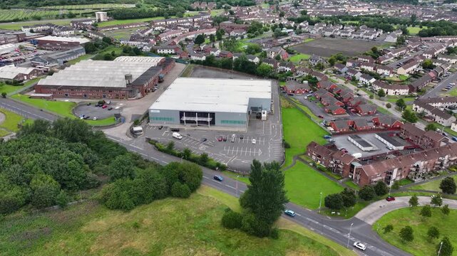 Aerial drone view of Capita Managed IT Solutions Computer consultant and JG Burns Welding Supply Shop Newtownabbey Northern Ireland 12-08-25