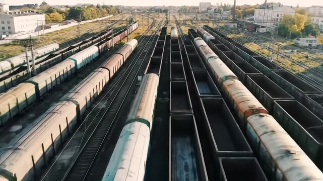 A high-angle view captures the intricate and massive scale of an industrial plant, with long rows of pipes and railroad cars stretching into the distance.