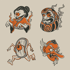 Japanese Yokai and Lucky Charm Set Cartoon