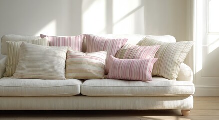 Light-filled room with cream sofa and patterned cushions