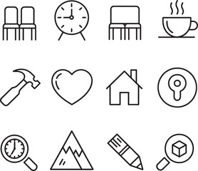 Minimal outline vector icon set with chair, clock, coffee cup, hammer, heart, house, key, magnifying glass, mountain, pencil, and 3D cube for business, lifestyle, and home design concepts