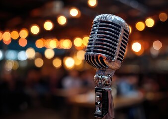 Vintage microphone in a dimly lit cafe