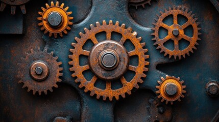 Close-up of intricate, rusty gears