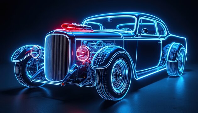 A neon-lit, wireframe vintage hot rod car, showcasing its intricate design in vibrant blue and red lighting against a dark backdrop. - Powered by Adobe