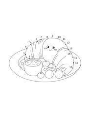 Adorable Cartoon Croissant Breakfast Connect-the-Dots Illustration:  Cute, Childish, Fun, Educational Activity.