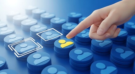 Human finger selects glowing person icon on futuristic blue user interface grid for digital recruitment or social networking
