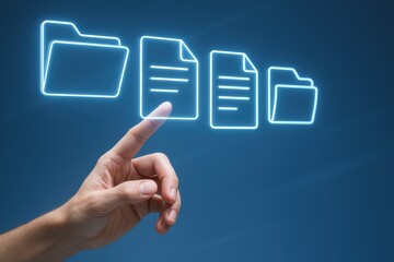 Digital Archive: A hand delicately interacts with an array of illuminated digital file icons against a serene backdrop, symbolizing effortless access to data.