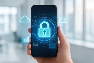 Smartphone Security: A person's hand delicately holds a smartphone displaying a luminous lock symbol.