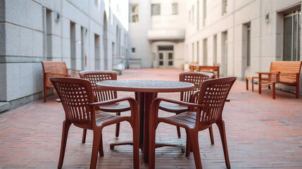 Obraz premium Ensemble de mobilier de jardin en plastique dans une cour ensoleillée d’un immeuble moderne.