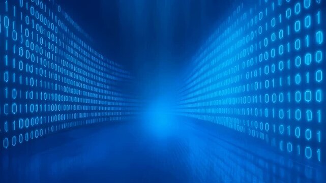 Blue-tinted digital landscape with binary code streams converging toward central luminous point. Symmetrical data visualization with perspective depth and radial light effect