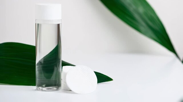 Concept of cleansing refreshing moisturizing cosmetic for face. Skin care with eco-friendly natural tonic, micellar water. Care for sensitive skin