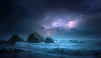 Naklejka premium Thunderstorm at Sea, Dark Clouds and Turbulent Waves Hitting Rocks