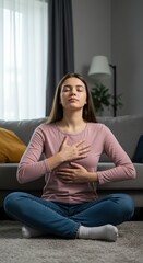 Obraz premium Young Woman Meditating at Home – Self Care, Mindfulness and Mental Health Concept 