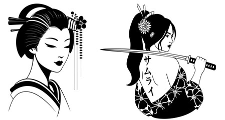 Traditional Japanese female figures — elegant geisha with classic hairstyle and warrior woman in kimono holding katana, symbols of Asian culture blending beauty