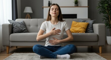 Young Woman Meditating at Home – Self Care, Mindfulness and Mental Health Concept 