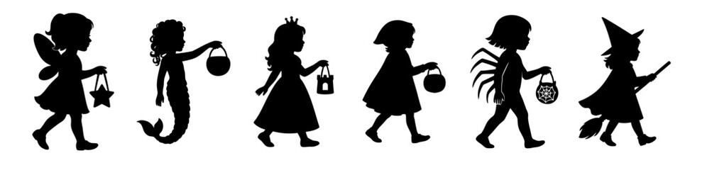 Silhouettes of girls in fantasy costumes — fairy with star bag, mermaid with basket, princess with lantern, RED RIDING HOOD, spider girl with web, and witch with pointed hat — walking on Halloween nig