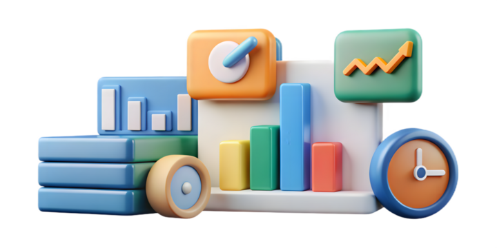 3d illustration of financial analytics and business growth charts, isolated on transparent background