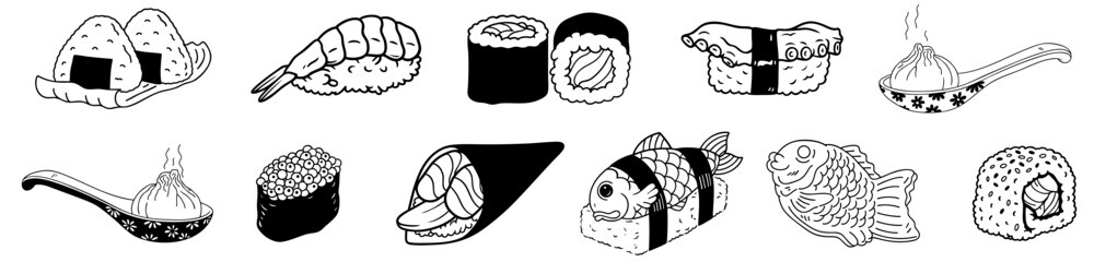 Hand drawn sushi and Asian food set — nigiri, maki, onigiri, dim sum, taiyaki, tempura, traditional Japanese and Chinese cuisine illustration