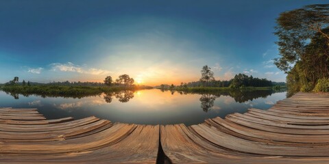 Sunrise over a serene lake with a wooden dock