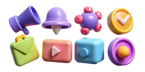 A vibrant collection of 3d rendered icons and symbols, including a megaphone, bell, abstract shapes, checkmark, briefcase, and play button, isolated on a transparent background