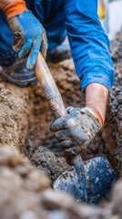Obraz premium Un travailleur creuse un trou dans le sol avec une pelle en métal sur un chantier urbain sous un ciel dégagé