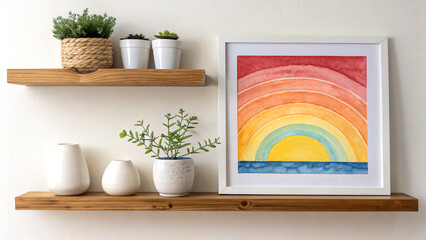 Colorful gradient sunset painting with vases on wooden shelves