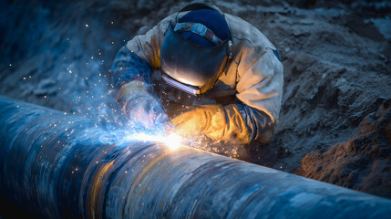 Soudeur travaillant sur un tuyau dans une zone industrielle en pleine nuit, créant des étincelles lumineuses sur un chantier.