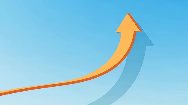 Ascending orange arrow curves upwards against a soft, gradiated light blue backdrop