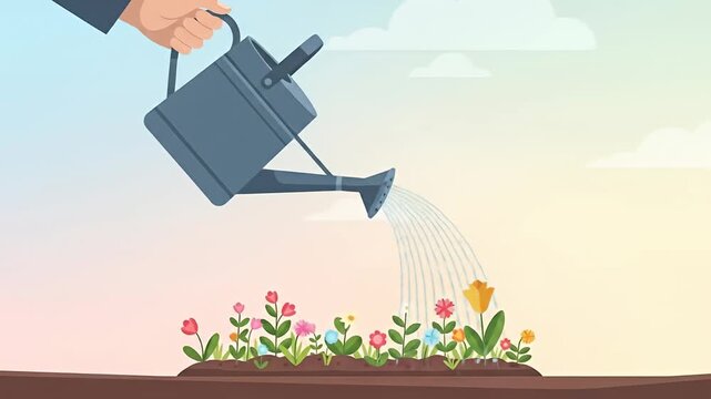 Illustration of a hand watering colorful flowers with a blue watering can against a sky