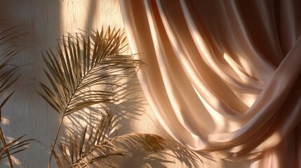 Sun-dappled palm fronds and flowing fabric for tropical resorts, indoor oasis decor, and wellness brand campaigns


