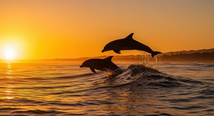 Two dolphins leaping from the ocean at sunset with a golden sky and distant trees silhouette © Nova Craft