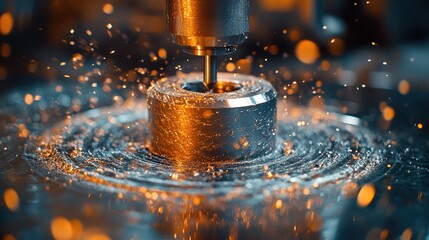 Close-up of metalworking process. Water spray surrounds drill bit