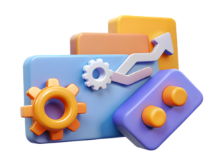 3d illustration of business growth and financial analysis with gears and upward trending graph isolated on transparent background