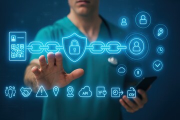 A person in teal scrubs interacts with a dynamic display of interconnected digital security elements.