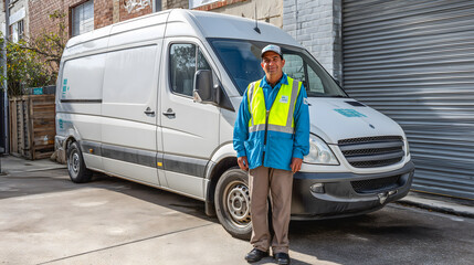 Un homme souriant en gilet de sécurité pose à côté d'un fourgon de livraison dans une rue urbaine en pleine journée.