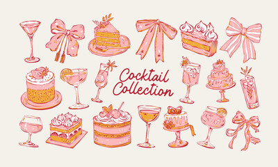 Set of minimalist vector illustrations: cakes, desserts, cocktails, and bows. Hand-drawn line art in modern style on a light background.