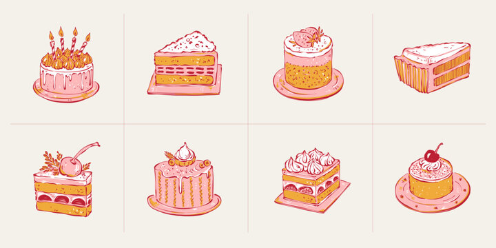 Set of minimalist vector illustrations of cakes and desserts. Hand-drawn line art in modern style, stylish sweet design elements on light background.