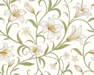 Floral Elegance: An exquisite seamless pattern showcases delicate lily blooms in full splendor, with a timeless design for textiles and surface design.