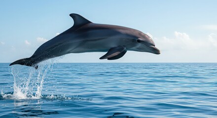Naklejka premium A dolphin leaps out of the ocean water with a clear blue sky in the background on a sunny day time