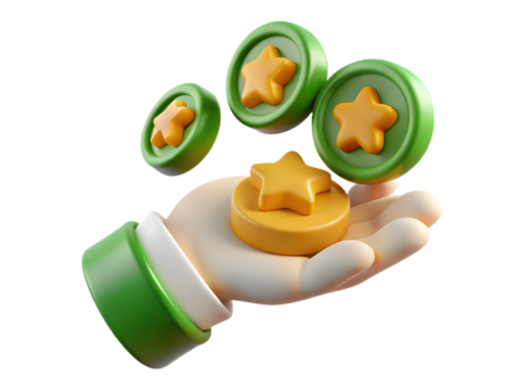 3d illustration of a hand holding golden stars, representing rewards and achievements, isolated on transparent background