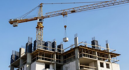 Towering crane lifts materials at busy construction site