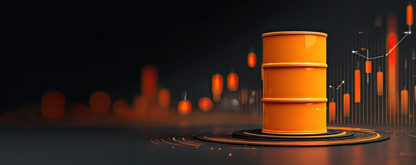 Orange oil barrel on a dark background with financial data