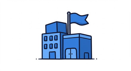 Blue Cartoon Style Government Building Icon with Flag
