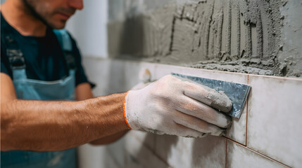Artisan effectuant des travaux de carrelage dans une salle de bain moderne en cours de rénovation.
