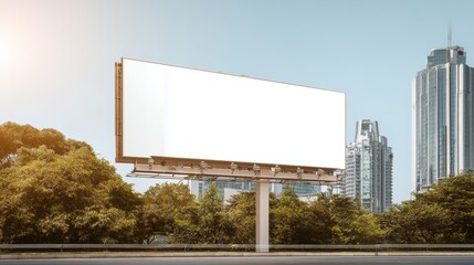 Fototapeta premium Large blank billboard in urban setting with trees and city buildings