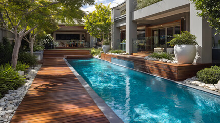 Terrasse en bois et piscine élégante dans un jardin contemporain en plein jour.