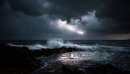 Dramatic Coastal Storm, Lightning Strikes Over Crashing Ocean Waves
