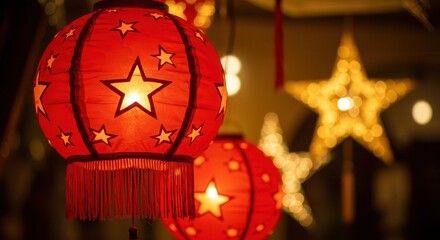 Festive red chinese lanterns adorned with stars illuminate the night, symbolizing celebration and cultural tradition