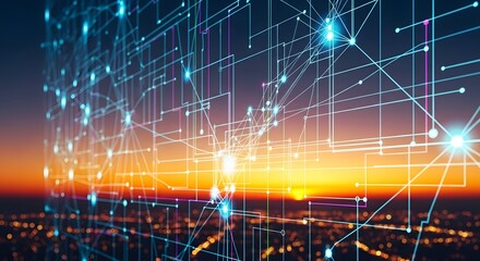 Connected World A vibrant sunset cityscape viewed through a network of glowing lines, symbolizing global interconnectedness and technological advancement.